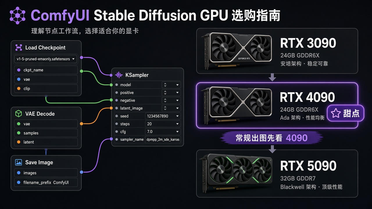 ComfyUI 出图 GPU 选型阶梯：3090、4090、5090，突出 4090 甜点档
