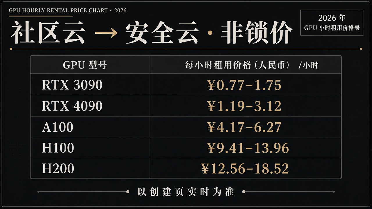 2026 GPU 租用小时价速查表示意，社区云到安全云区间