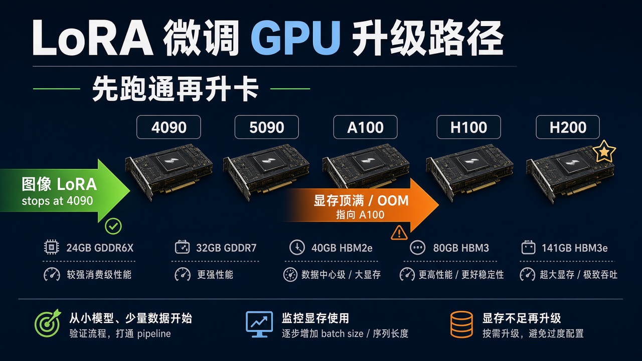 LoRA 与微调 GPU 升级路径示意，从 4090 到 A100